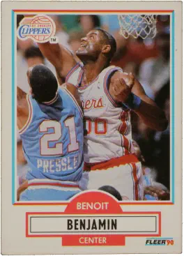 The front of a 1990 Fleer basketball card featuring Benoit Benjamin of the LA Clippers. In the photo Benoit is jumping up for a rebound.